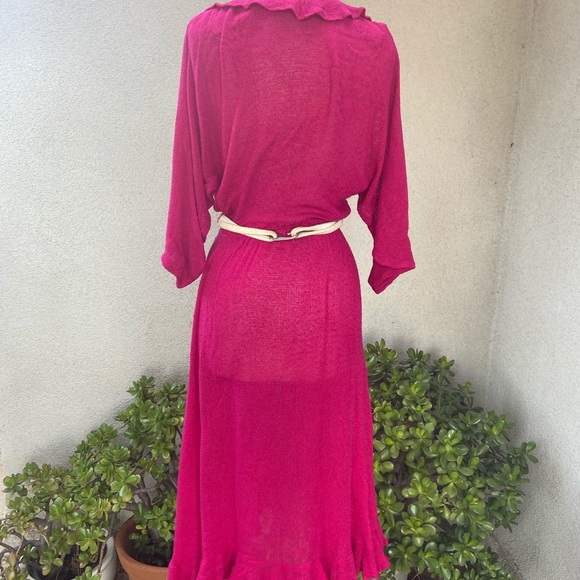 Vtg boho fuchsia knit ruffle dress sz M Sybil Ca - Picture 4 of 13